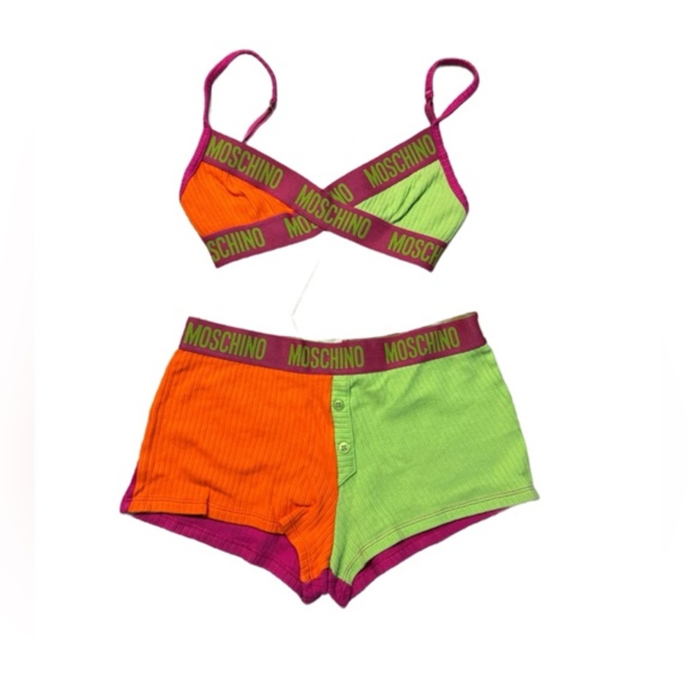 Moschino Colourblock Bralette Boyshort Set Neon Pink/Green/Orange Logo XS/S
